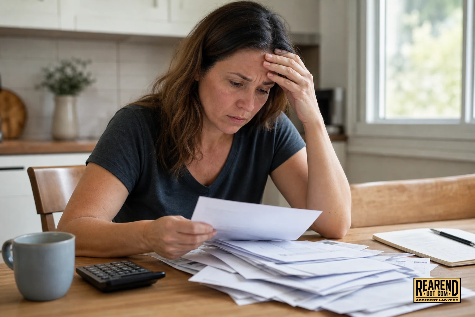 Person reviewing insurance paperwork and medical bills at a kitchen table. Photorealistic photograph of a stressed adult sitting at a kitchen table reviewing a stack of medical bills and an insurance claim letter, soft natural window light
