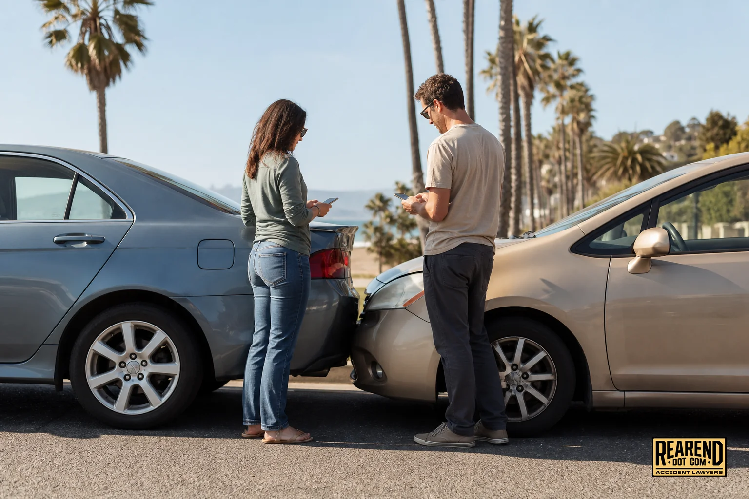 Two drivers exchanging information after a minor rear-end crash on an Oceanside road. Photorealistic photograph of two drivers standing between their vehicles after a rear-end fender bender on a coastal Southern California road, exchanging