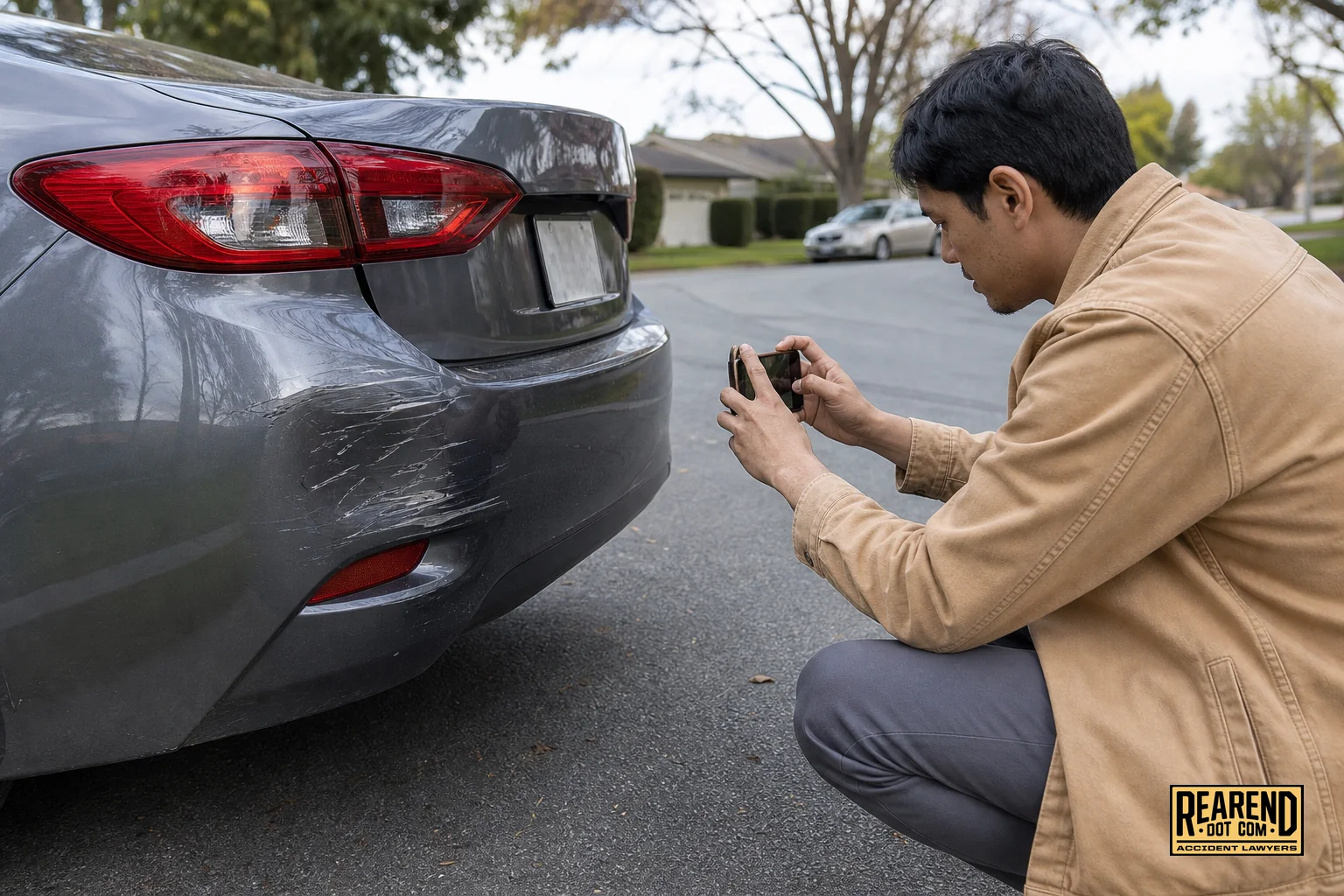 A person photographing damage on the rear bumper of a car with a phone, documenting evidence after a collision. photorealistic: a person crouched beside a car's rear bumper taking a photo with their smartphone to document collision damage