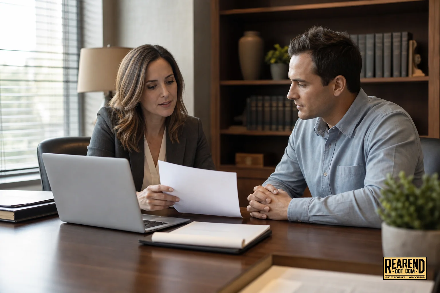 A calm consultation scene between an accident victim and an attorney reviewing documents at a desk. photorealistic: an attorney and a client sitting across a wooden desk reviewing paperwork and a laptop together in a warm, professional
