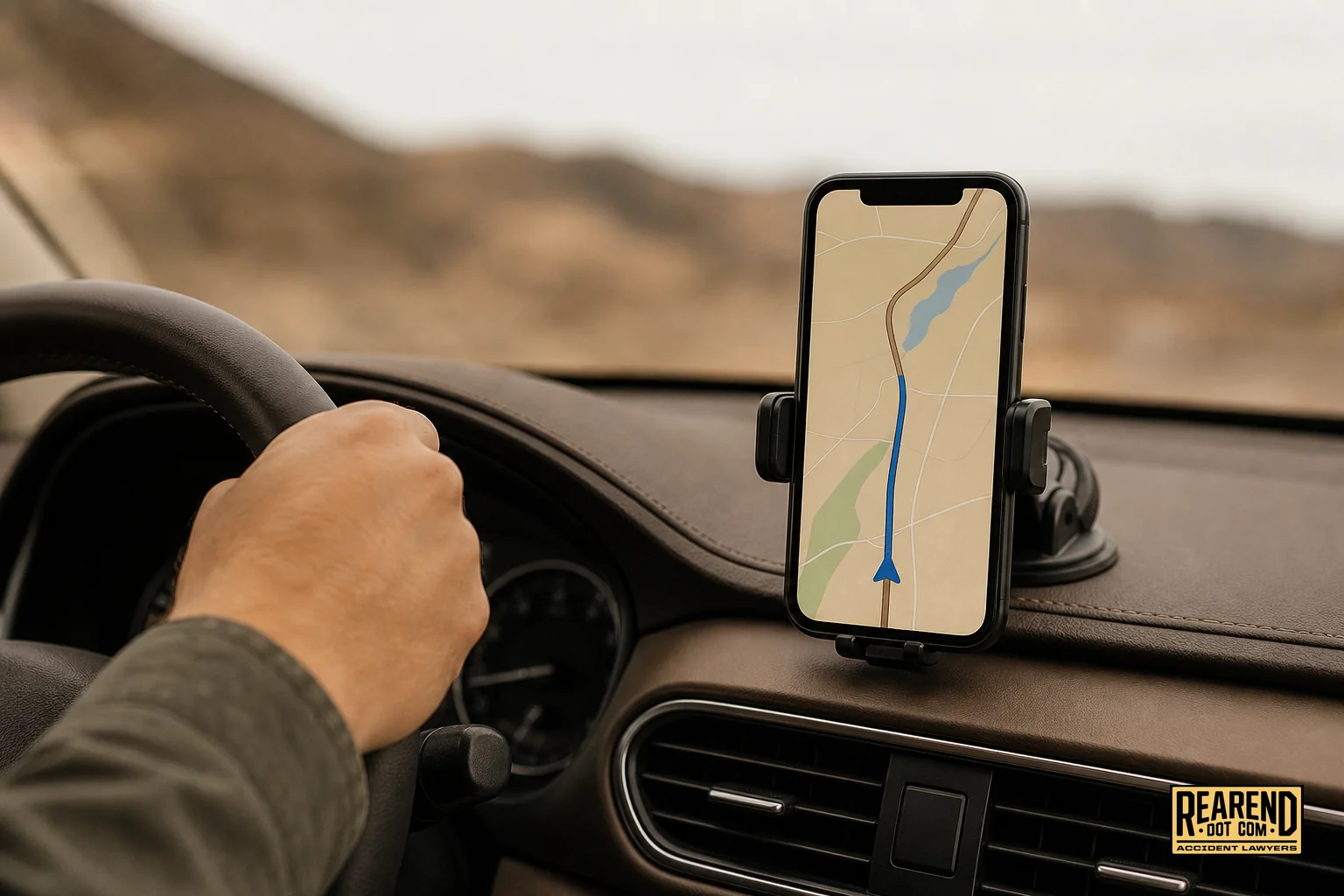Close-up of a smartphone mounted on a car dashboard showing a generic rideshare-style map interface without text. photorealistic: close-up shot inside a car of a smartphone mounted on the dashboard displaying a generic navigation map with a
