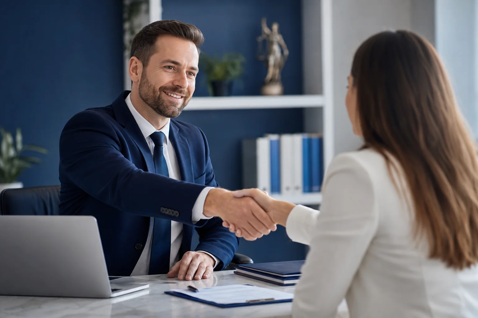 Attorney shaking hands with a relieved rear-end accident client across a professional office desk