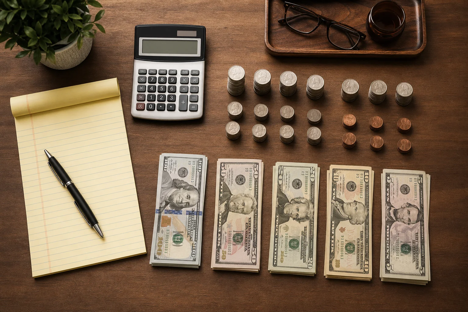 Organized desk with calculator, legal notepad, and stacked coins representing settlement deductions and attorney fee breakdown