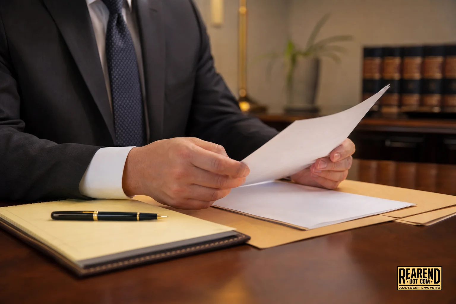 Personal injury attorney reviewing a contingency fee agreement and case documents at a desk