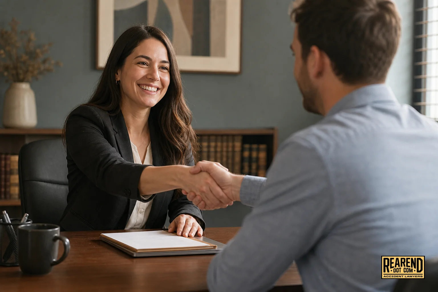 Consultation moment between accident victim and legal team member. photorealistic photo, a warm handshake between a client and a legal team member across a wooden desk in a modest, approachable law office, soft natural window light, muted