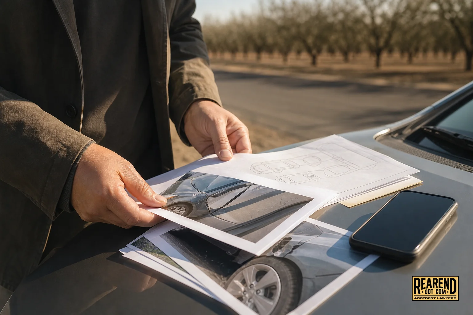 Close-up of collecting evidence after a rear-end crash, police report and photos on a car hood. photorealistic photo, close-up shot of hands organizing a stack of documents including a printed collision report and phone photos of vehicle