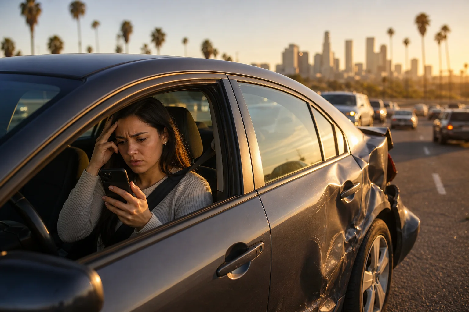 Person sitting in a damaged car on a Los Angeles freeway after a rear-end collision, deciding whether to call an attorney