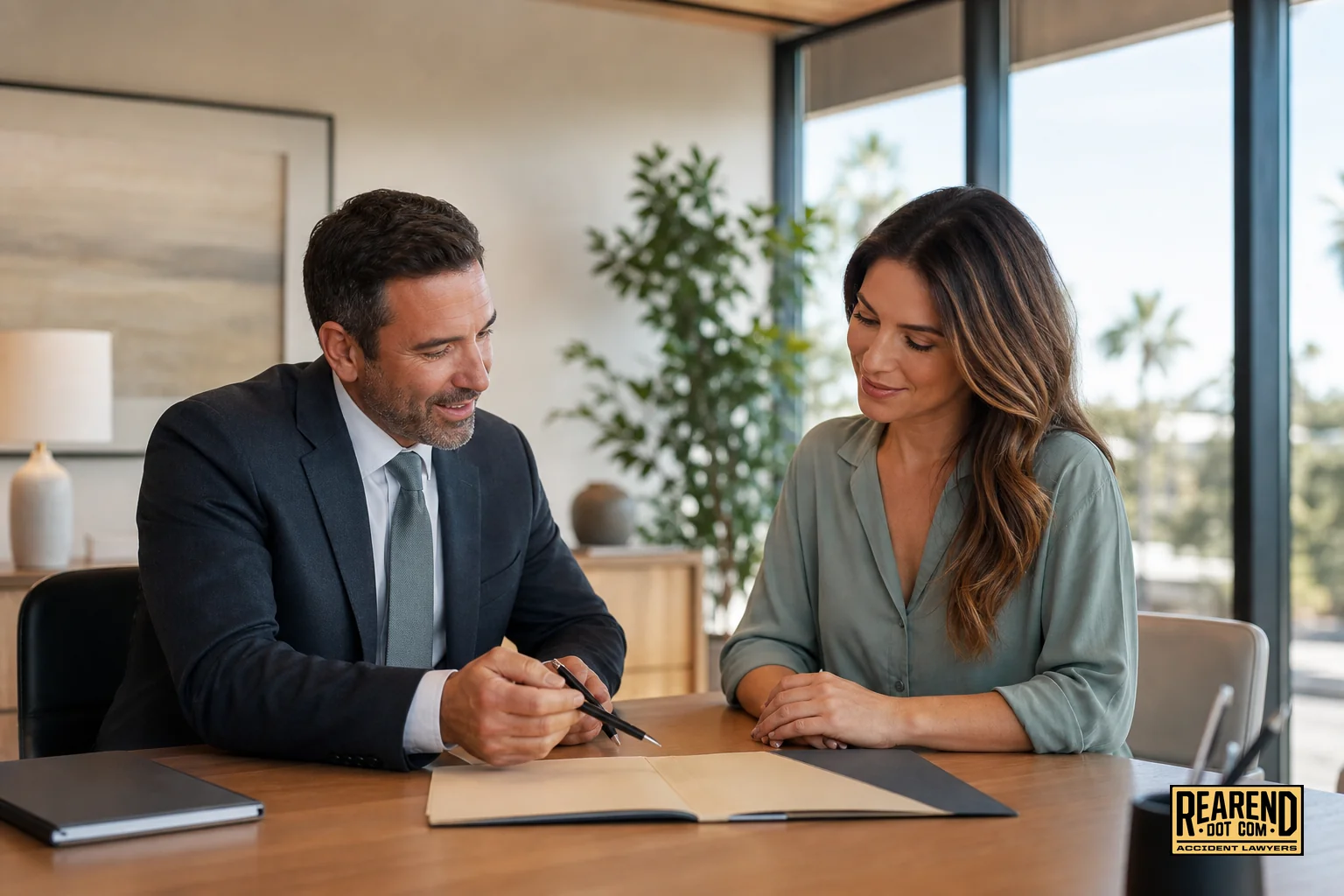 Attorney reviewing rear-end accident claim documents with a client in a San Diego law office