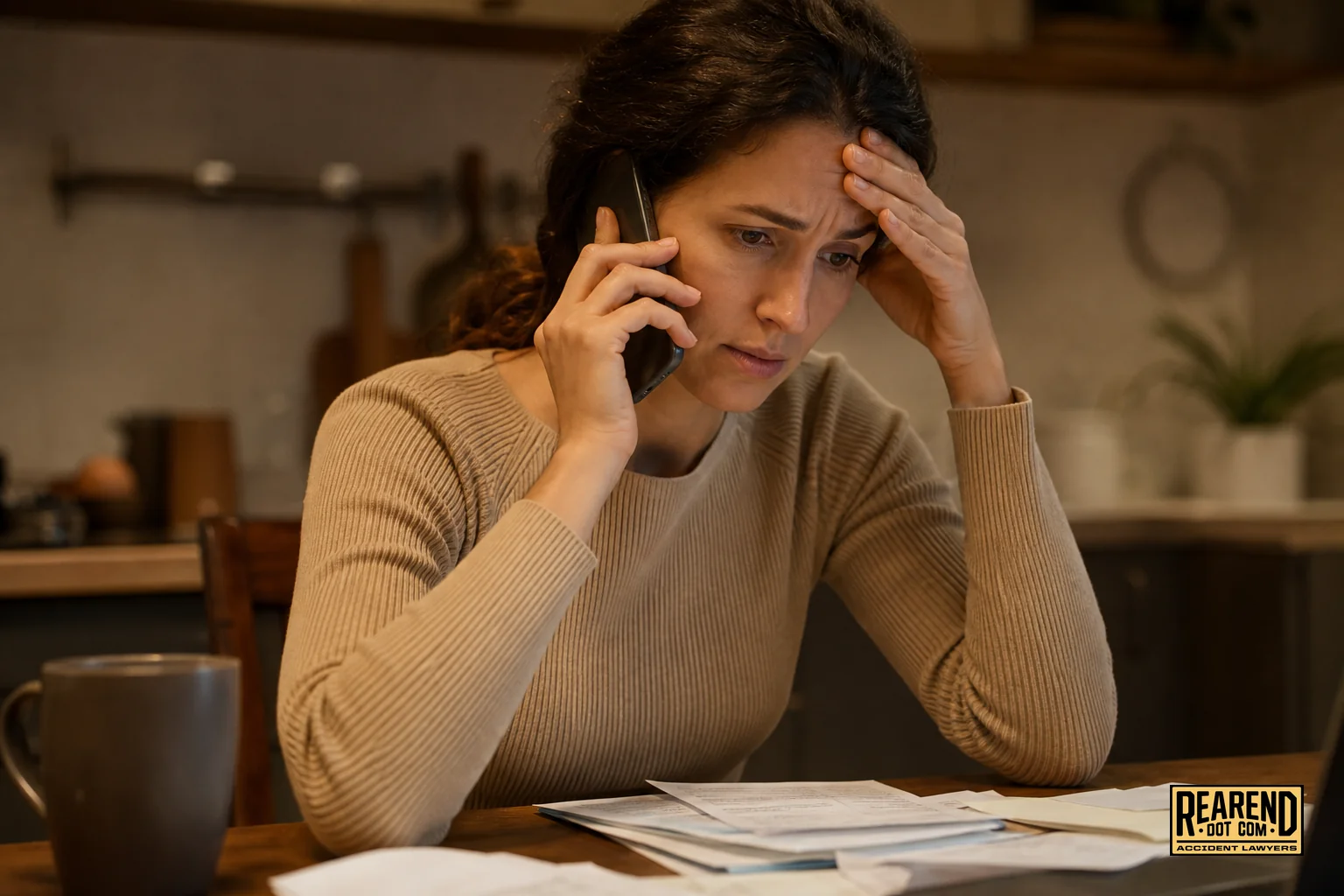 Stressed accident victim on the phone with an insurance adjuster, looking uncertain