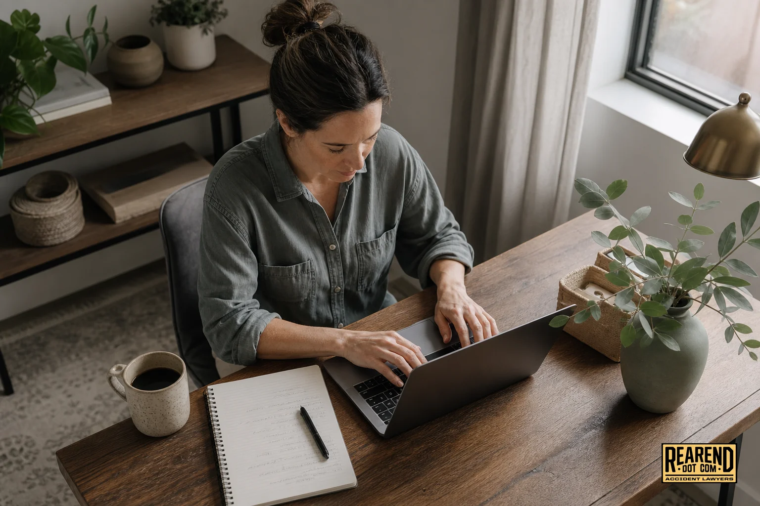 Person researching rear-end collision legal process on a laptop with a notepad of questions