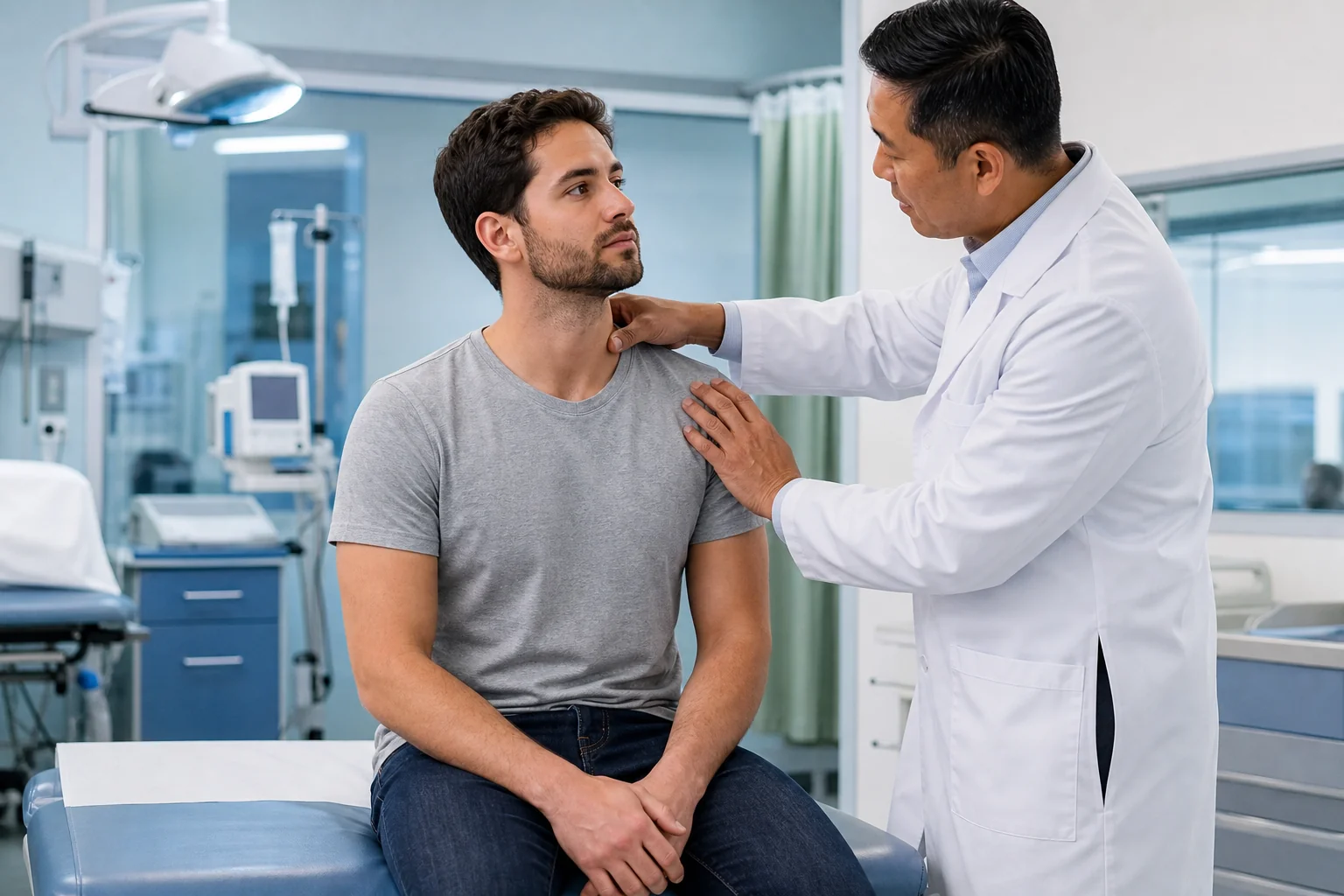 Doctor examining a patient's neck and shoulder in an urgent care clinic after a car accident