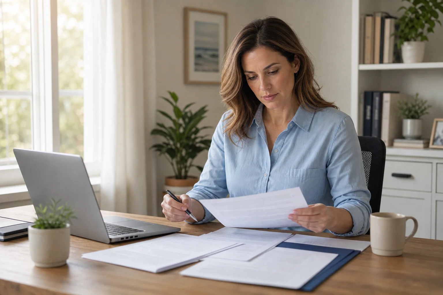 Person organizing accident-related documents, photos, and receipts into a folder on a desk