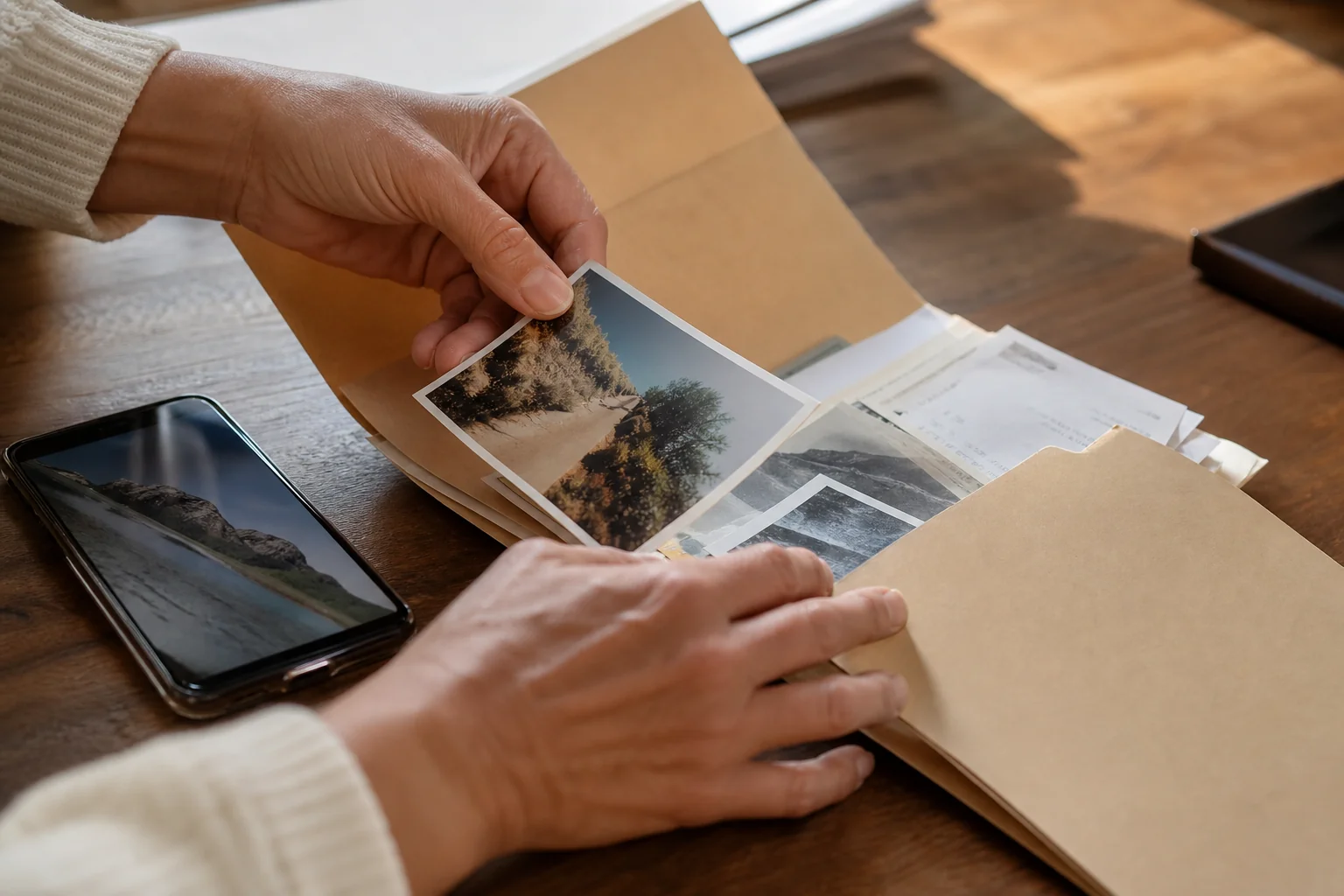 Person reviewing legal and insurance documents at a home office desk with a laptop open