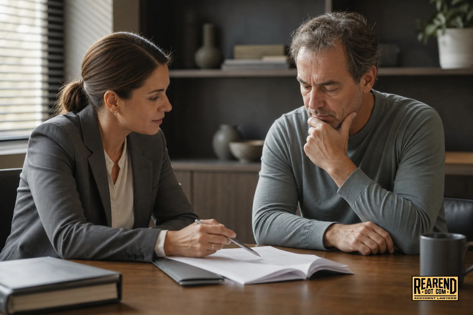 A calm consultation between an attorney and a client reviewing paperwork about a car accident claim. photorealistic photo of an attorney and a client sitting at a table reviewing accident claim paperwork together, warm natural window light