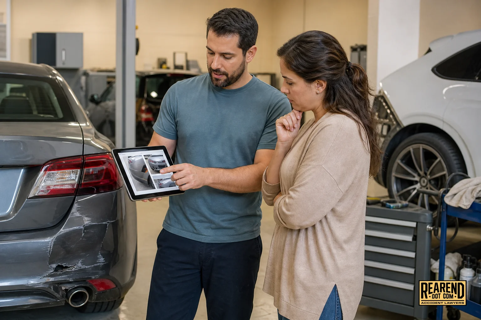 An auto body shop technician inspecting a rear bumper repair estimate with the car owner. photorealistic photo of an auto body shop technician in a clean repair bay showing a car owner a rear bumper damage estimate on a tablet, warm shop