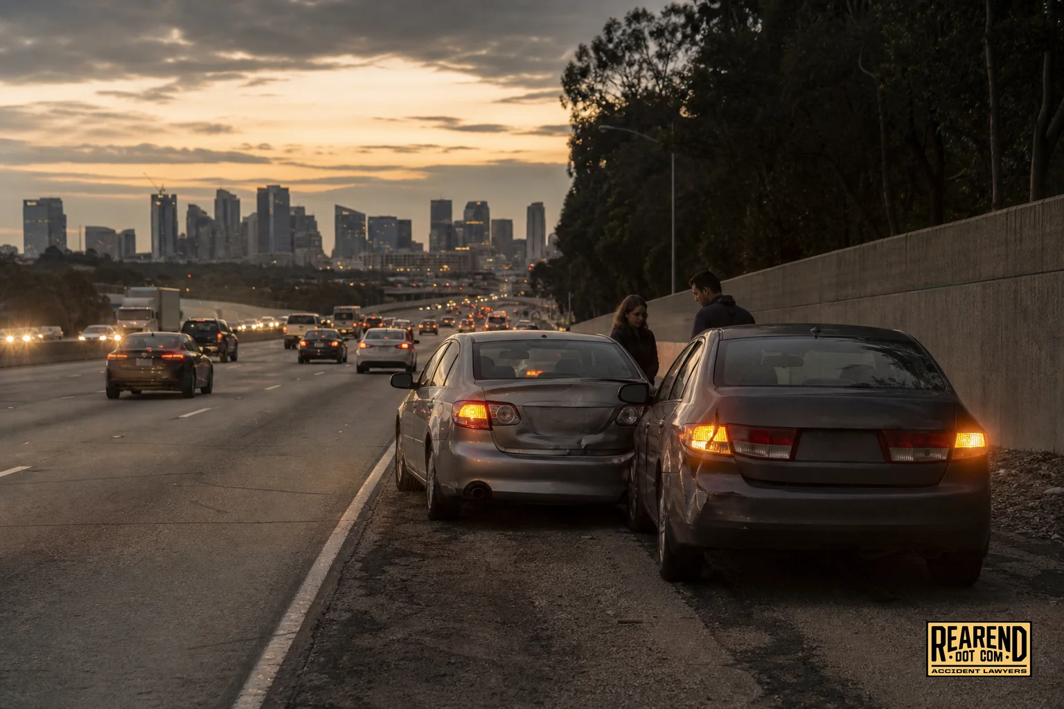 Traffic backed up on a San Diego freeway after a minor rear-end collision. photorealistic photo of San Diego freeway traffic at dusk with two cars pulled to the shoulder after a minor rear-end collision, hazard lights blinking, city skyline