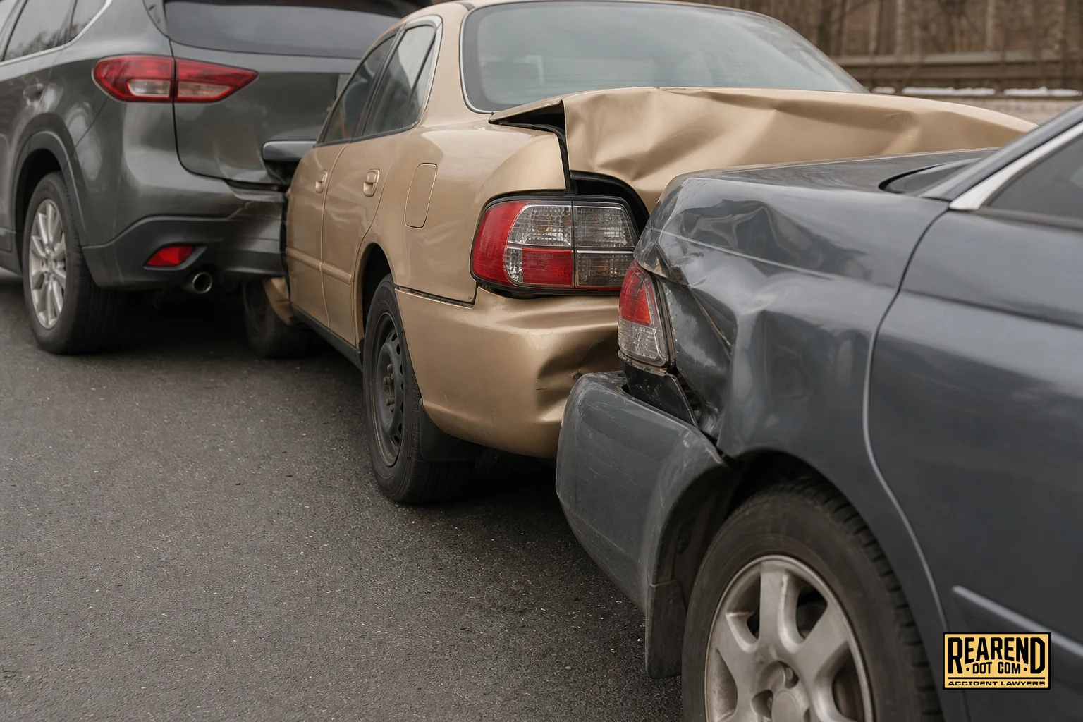Close-up of stacked vehicle damage showing sequential rear-end impacts. photorealistic close-up photograph of three cars stacked closely together on a roadway showing crumpled rear bumpers and cracked taillights indicating sequential