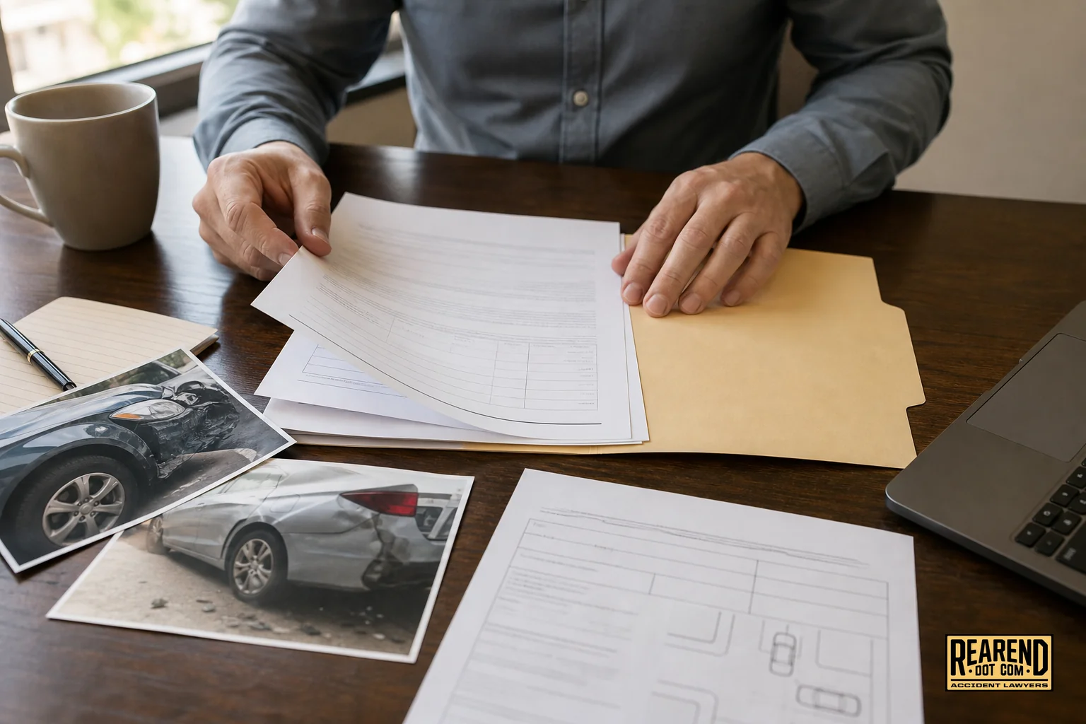 Person reviewing accident paperwork and insurance documents at a table. photorealistic photograph of a person's hands sorting through insurance claim paperwork, accident photos, and a police report on a wooden table, warm natural window