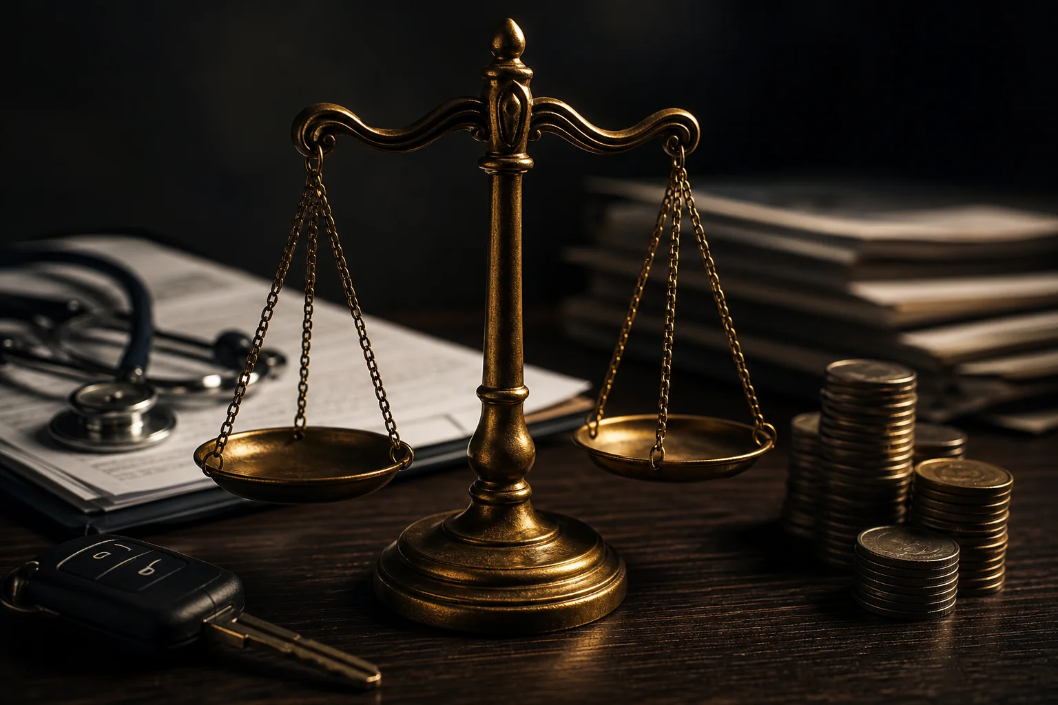 Bronze scales of justice surrounded by medical documents and financial elements representing rear-end accident settlement value factors
