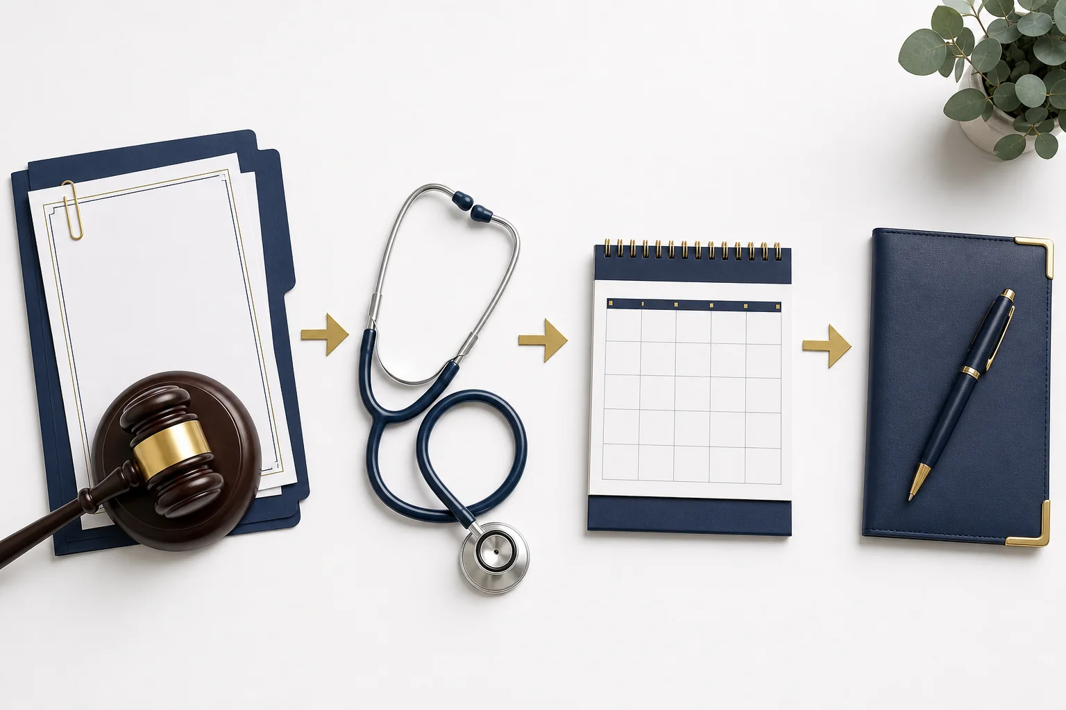 Legal documents, gavel, stethoscope, and calendar arranged in a step-by-step progression representing the rear-end accident legal process
