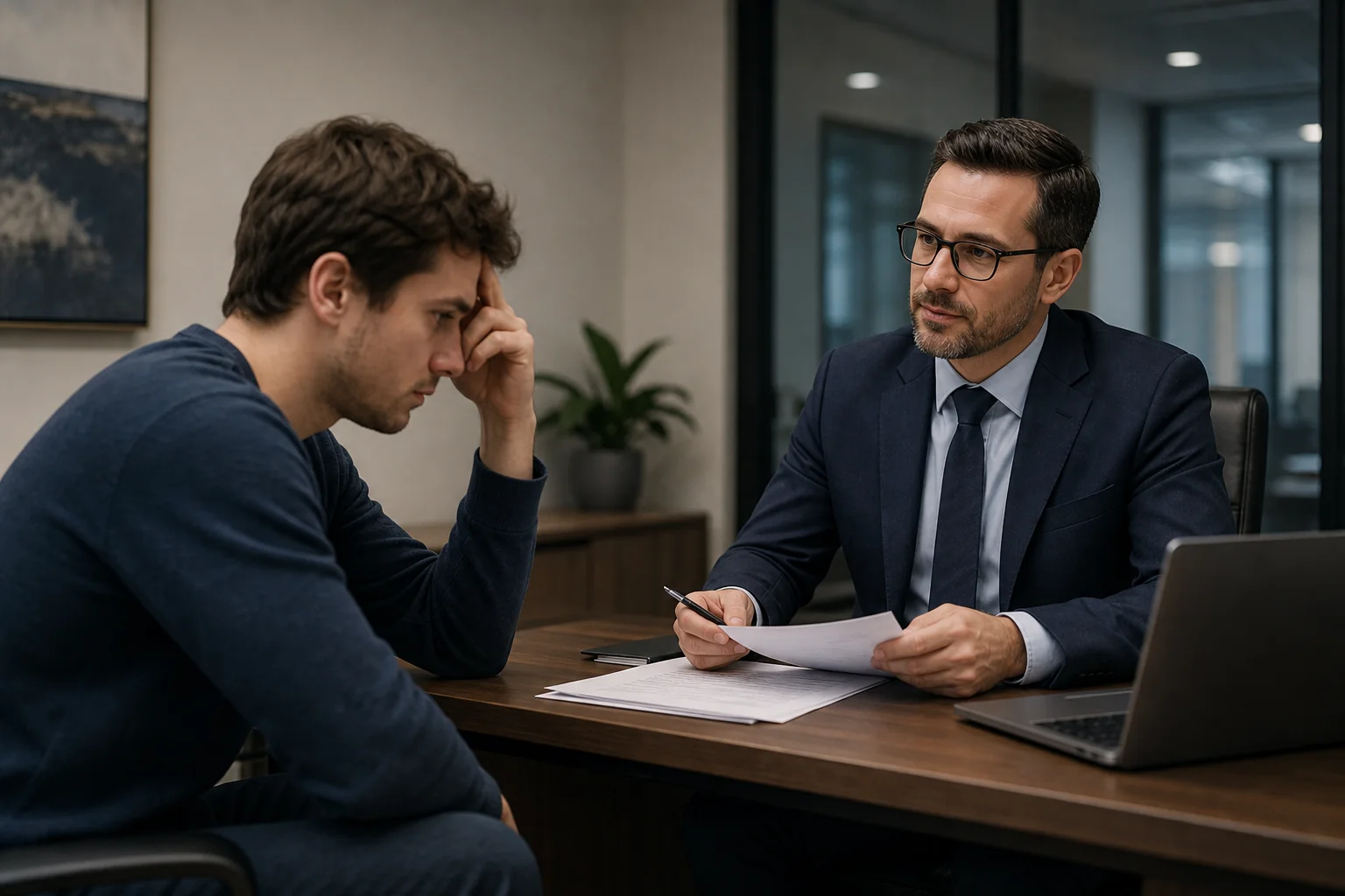 Stressed accident victim meeting with an insurance adjuster across a desk, illustrating the power imbalance unrepresented claimants face