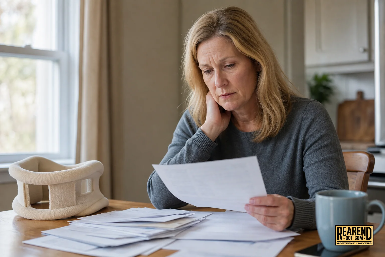 Photorealistic photograph of a middle-aged woman sitting at a kitchen table reviewing a stack of medical bills and an insurance letter, a neck brace resting nearby on the table, soft natural window light, muted color palette with warm beige