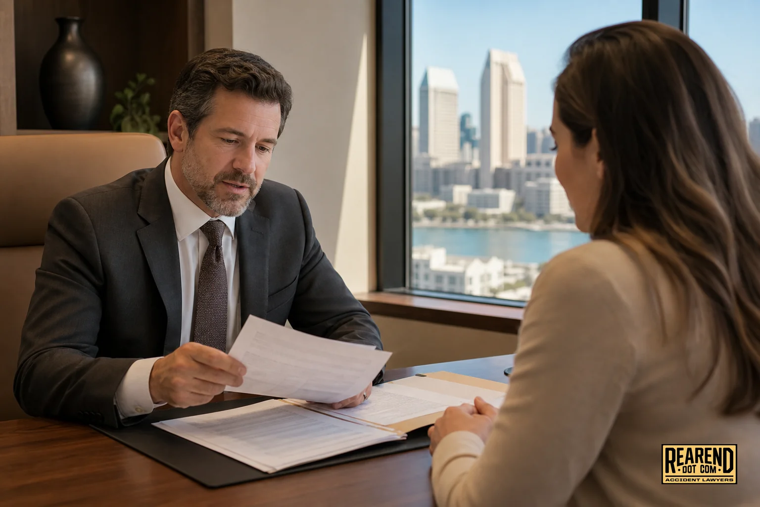 An attorney consulting with a client about their insurance coverage and case documents in a professional office setting. Photorealistic photograph of a professional attorney in a warm-toned office reviewing insurance documents and a police