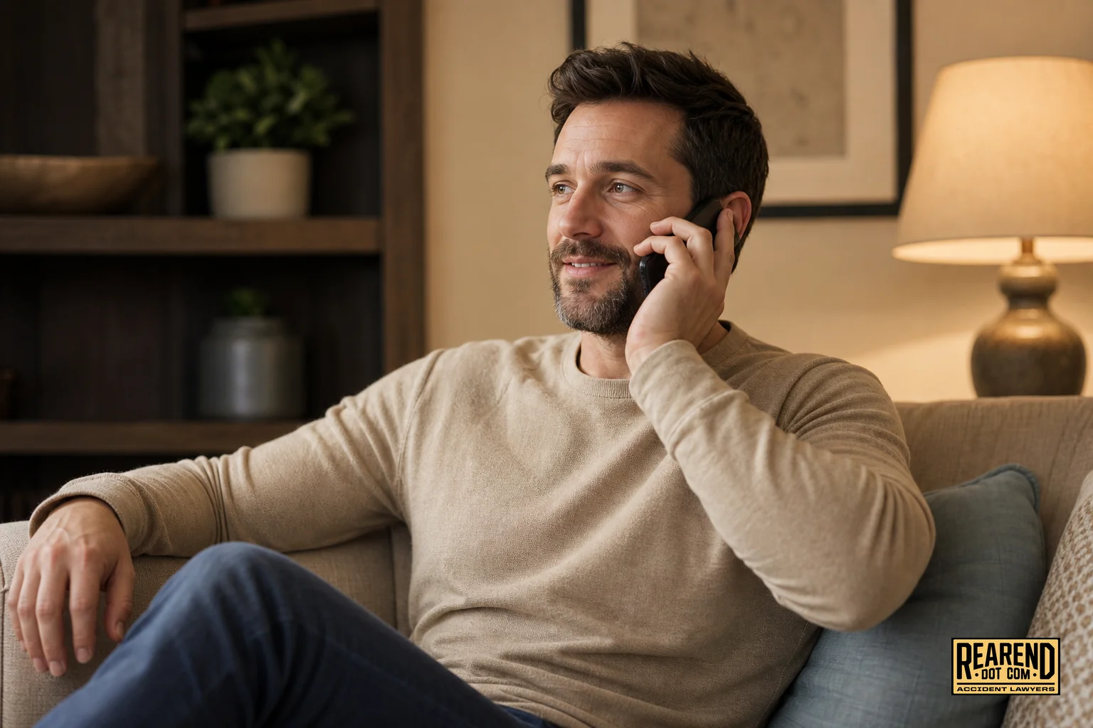 photorealistic: A relieved-looking adult sitting on a couch at home, holding a phone to their ear mid-conversation, calm and reassured expression, soft indoor lighting with warm tan tones from #e0c08f, dark wood furniture in #443f33, subtle