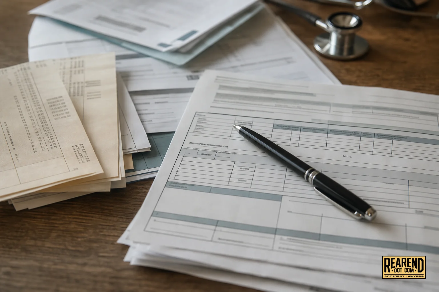 Close-up of a stack of medical bills and an insurance claim form on a desk. photorealistic: Close-up overhead shot of a desk with stacked medical bills, an insurance claim form, and a pen resting on top, soft diffused lighting, warm beige