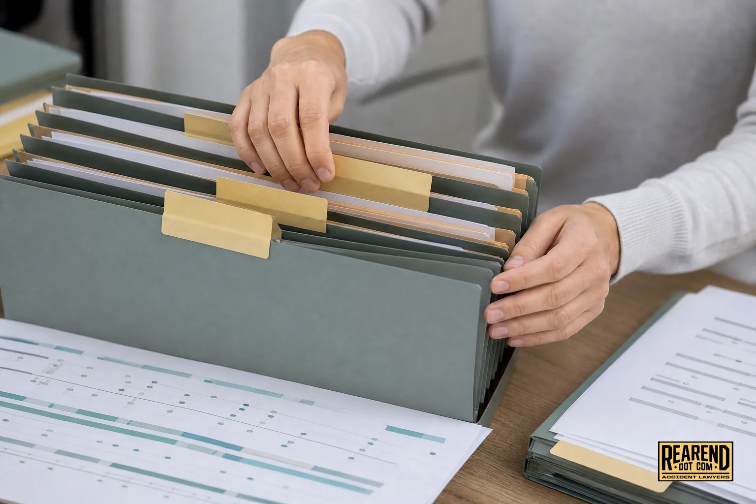 Close-up of organized medical records and folders being compiled. photorealistic close-up photo of hands organizing labeled medical record folders and printed treatment timelines on a desk, soft gray-green (#7c8c8c) folder tabs, tan