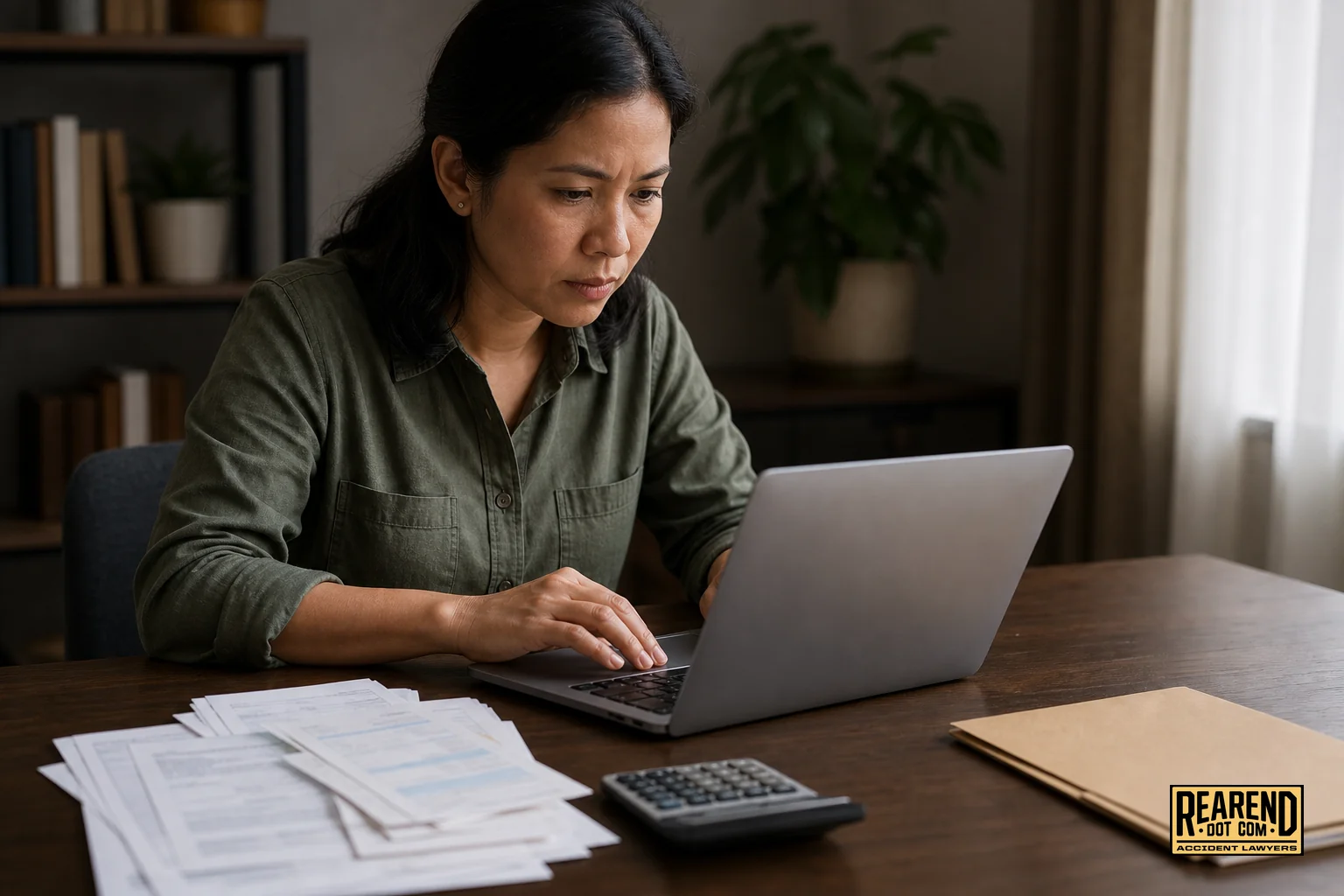 A person writing or typing a formal counter-demand letter at a desk. photorealistic photo of a person typing a formal letter on a laptop with printed medical bills and a calculator beside them on a wooden desk, warm brown (#443f33) desk