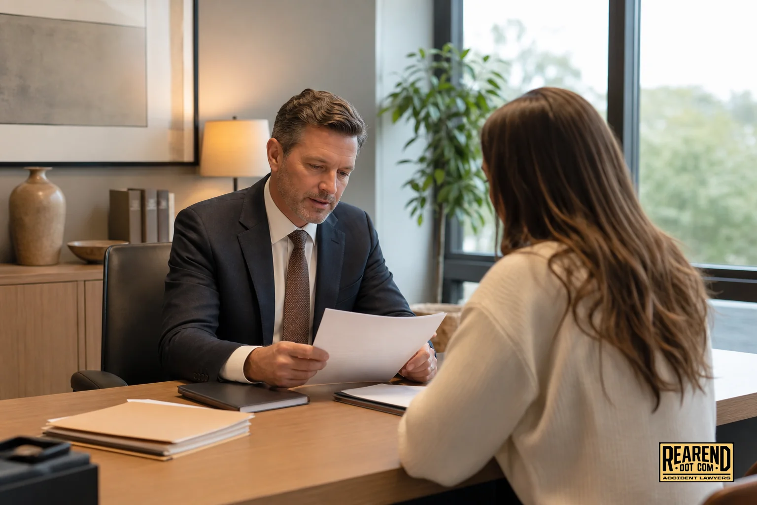 Photorealistic photo of a professional attorney in a modern office sitting across from a client, reviewing documents together, warm and calm lighting with brand color accents of soft tan and muted brown in the decor, empathetic and