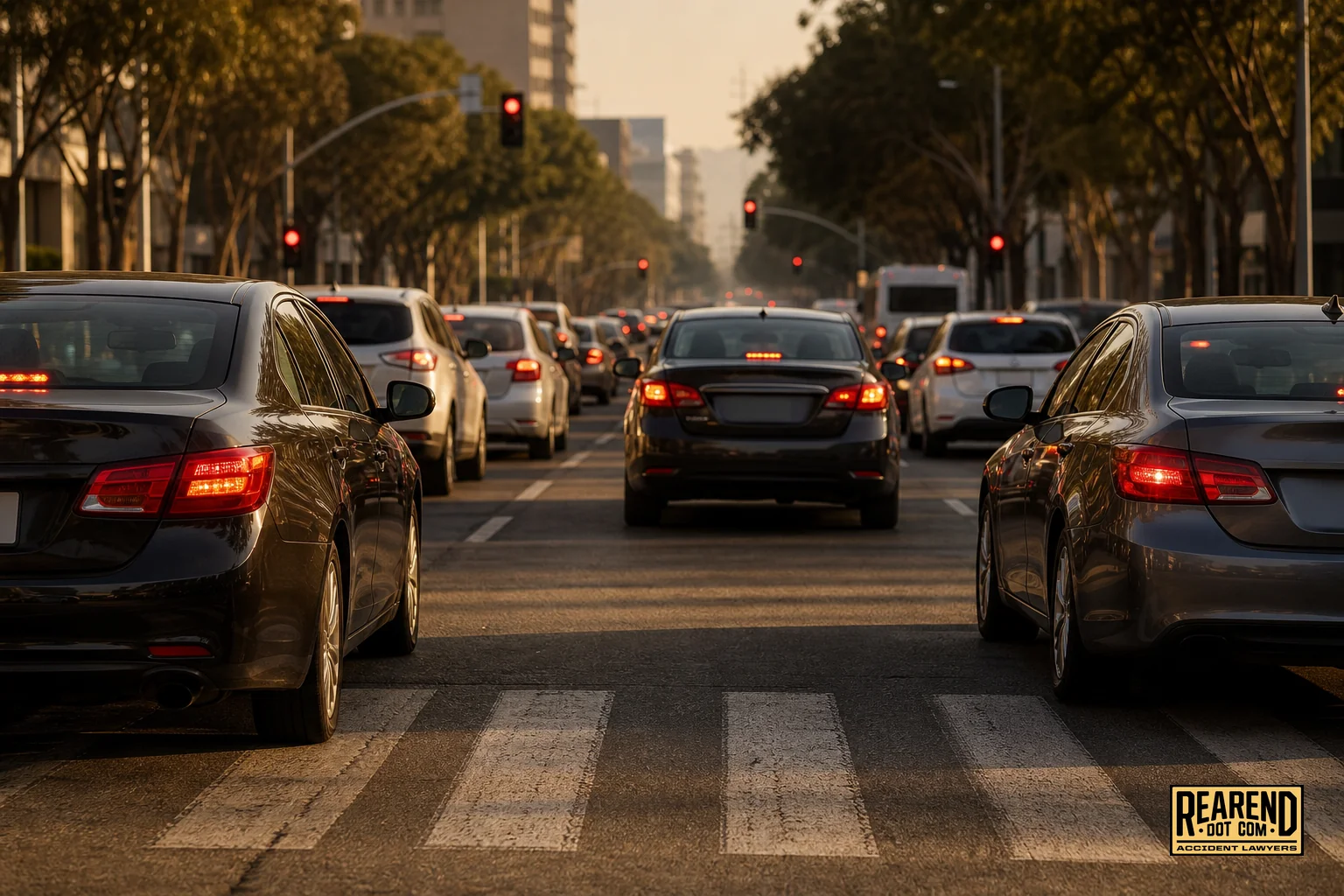 Photorealistic photo of several sedans closely spaced in bumper-to-bumper traffic on a multi-lane Los Angeles avenue, slight motion blur suggesting sudden braking, golden hour lighting with warm tan and dark brown tones matching brand