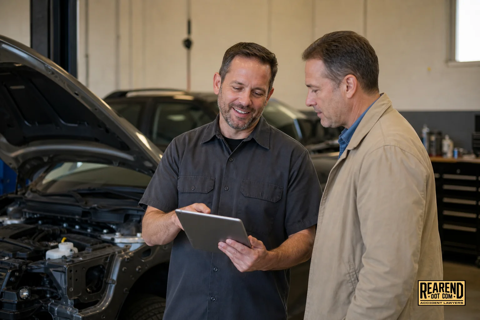 Trusted auto body shop technician reviewing repair plan with a customer. photorealistic photo of a friendly auto body shop owner showing a customer a repair estimate on a tablet inside a clean, well-lit repair shop, warm tan and charcoal