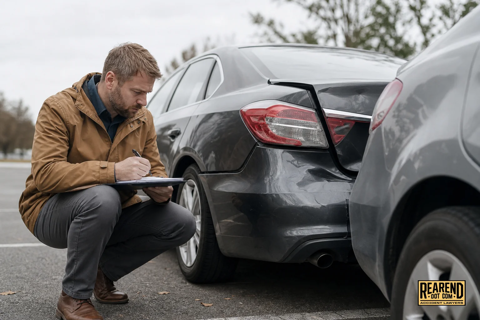 Insurance adjuster inspecting vehicle damage with clipboard, skeptical expression. photorealistic photo of an insurance adjuster in business casual attire crouching beside a rear-ended car in a parking lot, holding a clipboard and writing