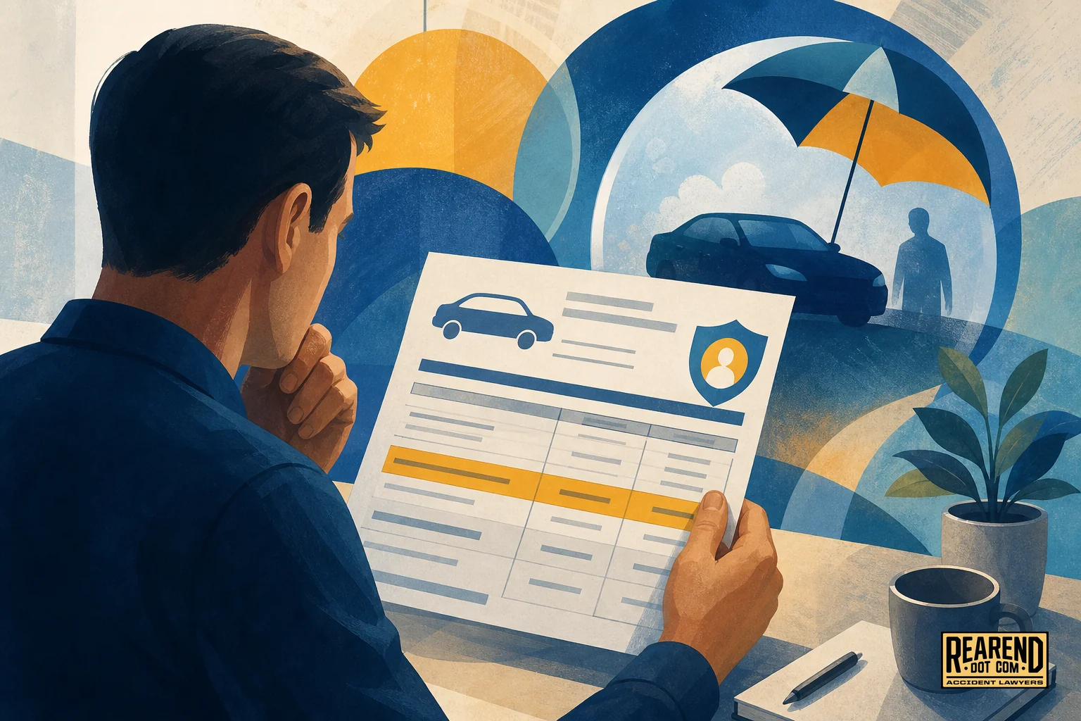 Person reviewing an auto insurance policy declarations page to check uninsured motorist coverage limits