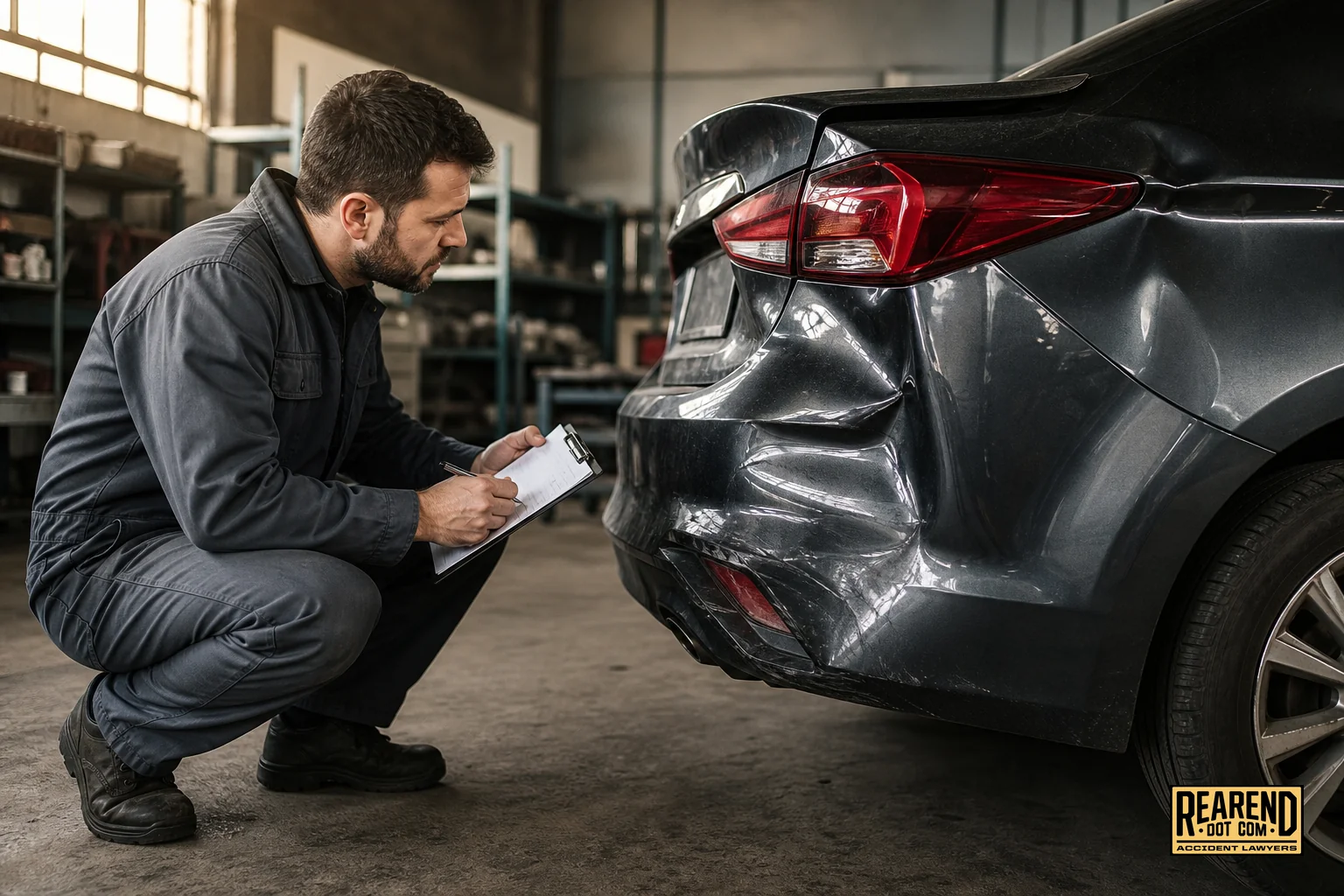 Auto body technician inspecting rear bumper damage for a vehicle repair estimate after a rear-end collision
