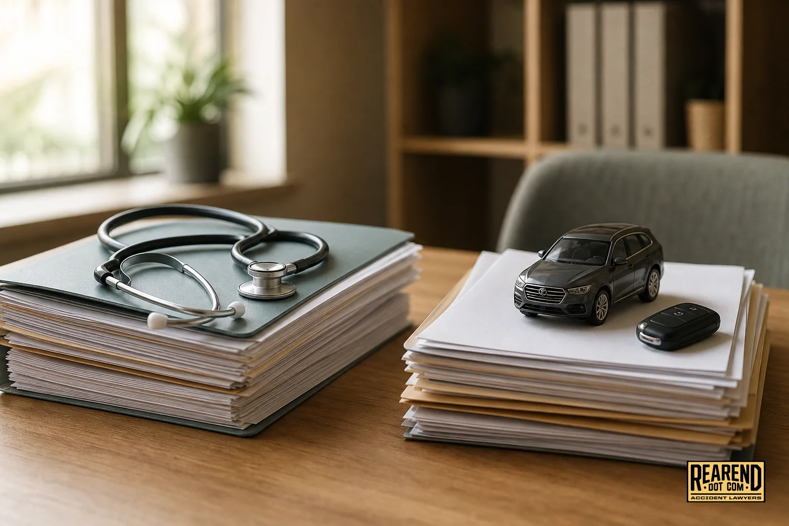 Split visual concept of medical paperwork and injury claim documents on a desk. Photorealistic photo of a desk with two neatly organized stacks of paperwork, one labeled visually by a medical folder and stethoscope, the other by car