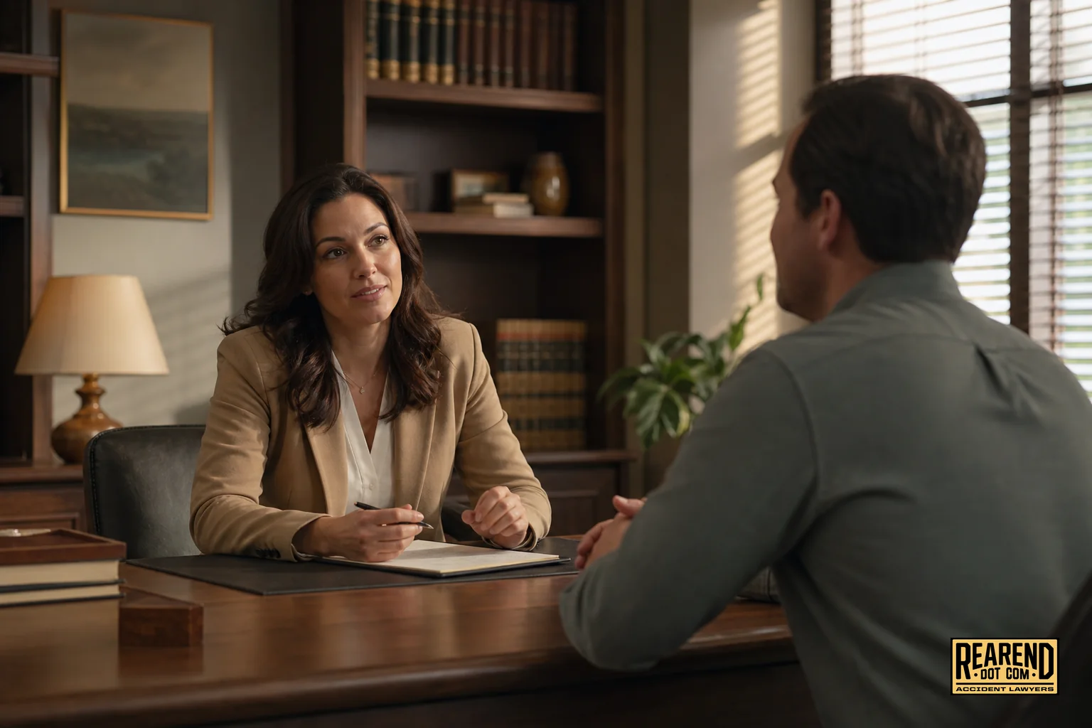Photorealistic photo of a warm, professional law office meeting, an attorney in a tan blazer speaking attentively with a client across a wooden desk, California sunlight through blinds casting soft shadows, color palette of warm tan
