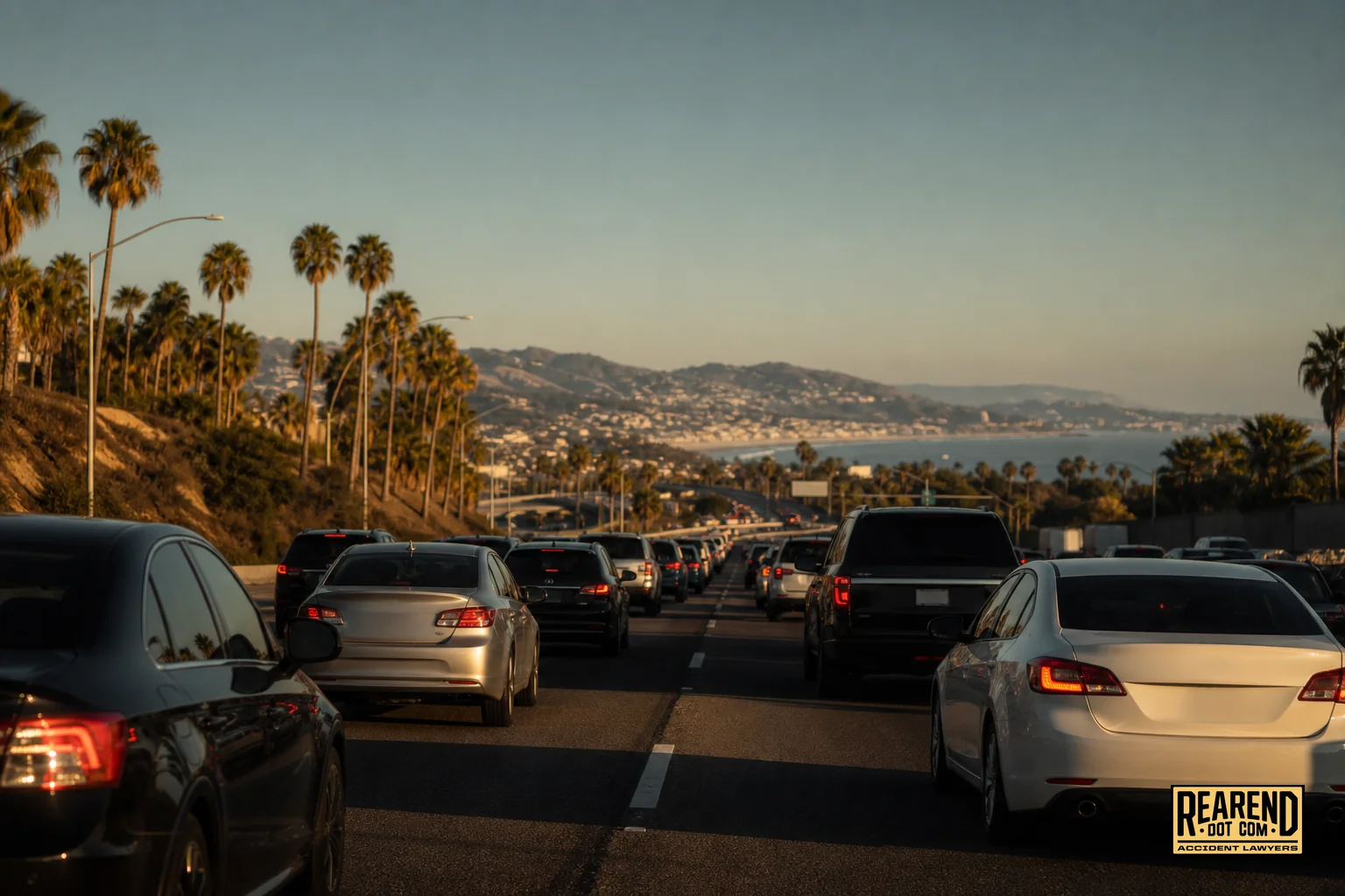 Aerial or street-level view of San Diego freeway traffic (I-5 or I-8 corridor) representing common rear-end collision hotspots. photorealistic: A realistic street-level photograph of a busy San Diego multi-lane freeway during daytime
