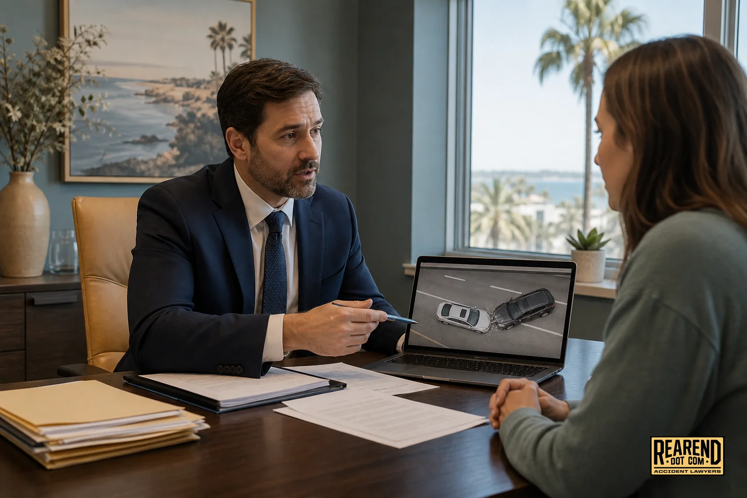 A San Diego attorney reviewing a rear-end collision claim file with a client at a desk, conveying trust and advocacy. photorealistic: A warm, professional office scene showing an attorney in business attire sitting across a desk from a