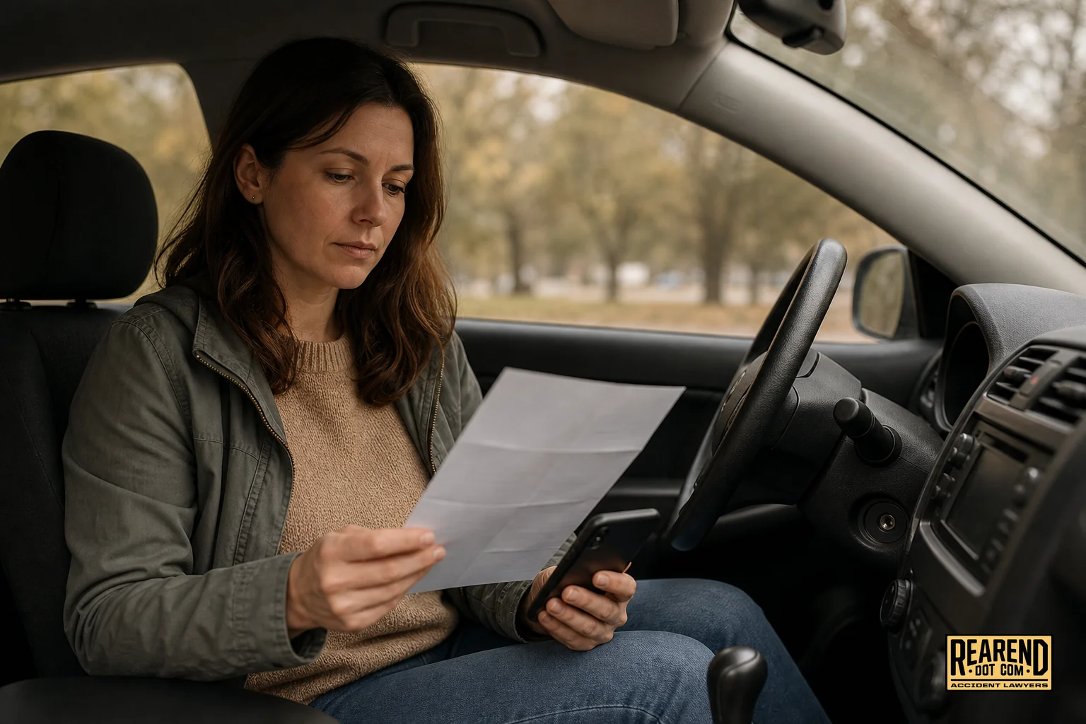 photorealistic photo of a person sitting in a parked car, holding an insurance policy document and a phone, warm natural light through the windshield, muted earthy color palette with tan (#e0c08f), dark brown (#443f33), and slate gray-green