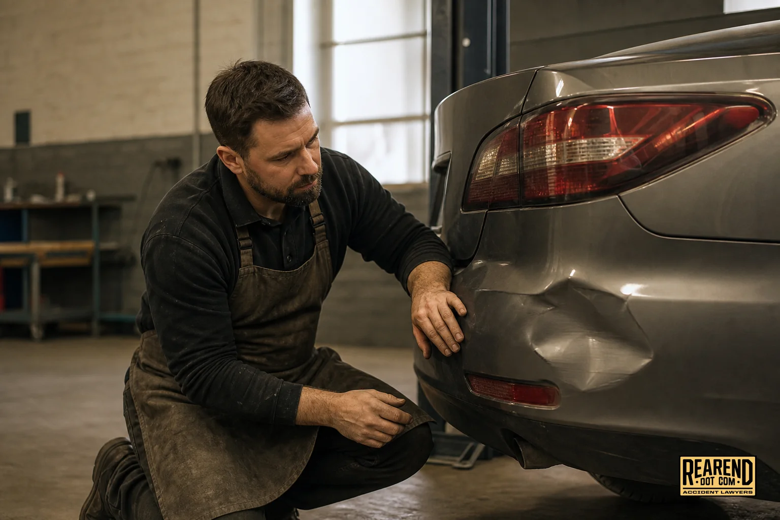 An auto body shop technician inspecting a damaged rear bumper. photorealistic photo of an auto body shop technician in a work apron inspecting a dented rear bumper inside a clean repair garage, warm industrial lighting, color palette