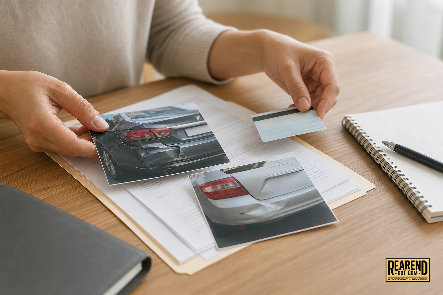 Close-up of accident documentation being organized: photos, insurance card, police report. photorealistic close-up photo of a person's hands organizing rear-end car accident documents on a wooden table, including printed photos of a damaged