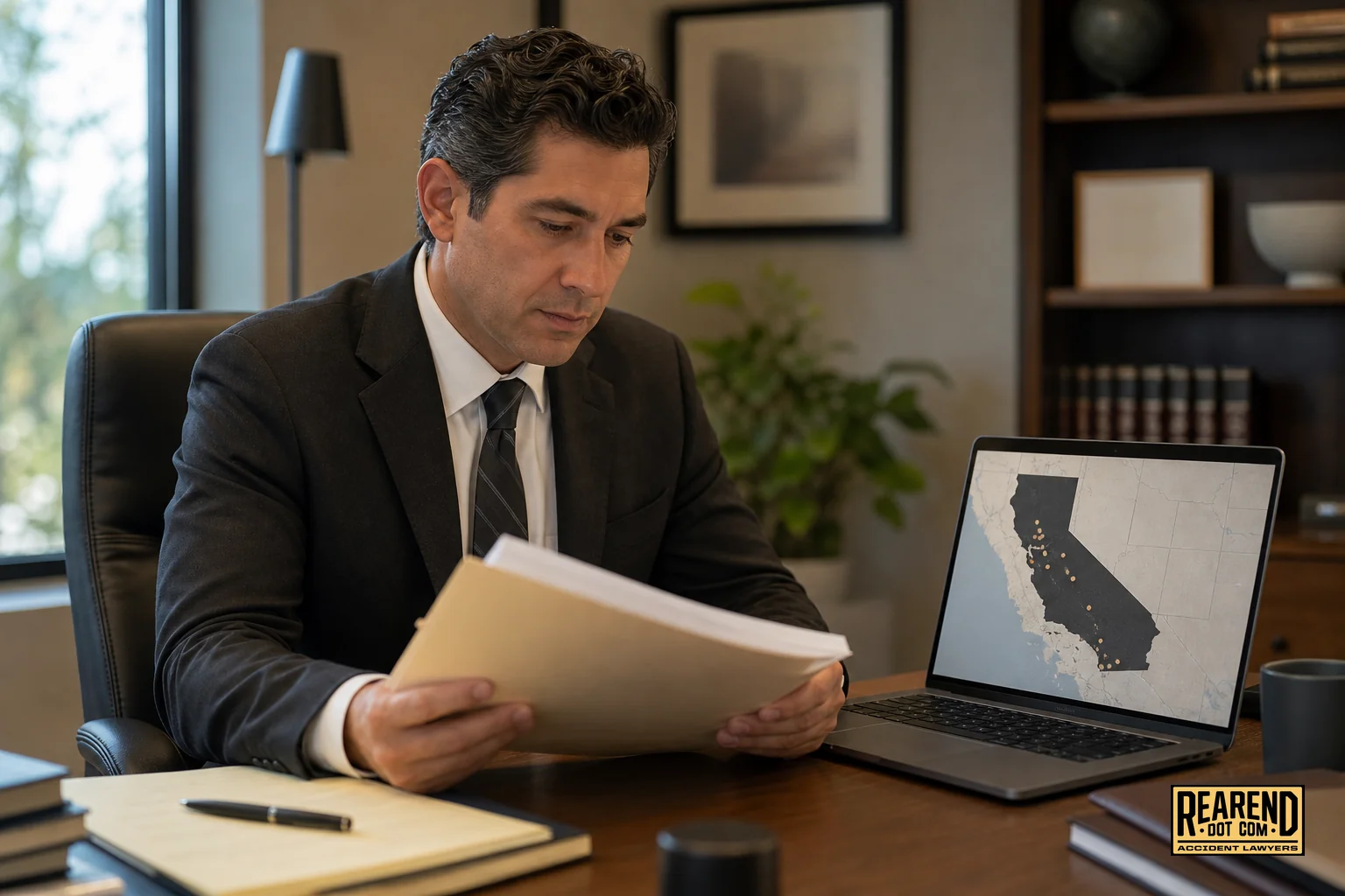Attorney reviewing case file at desk, professional but approachable. photorealistic photo of an attorney at a modern office desk reviewing a case folder and laptop screen showing a map of California cities, warm lighting, muted color