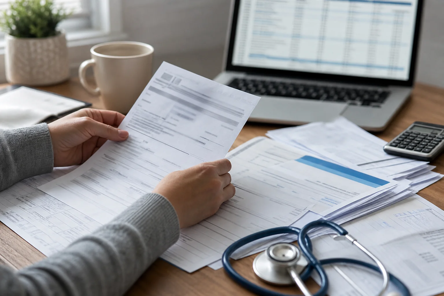 Person reviewing medical bills and insurance documents at a desk to calculate the full value of a rear-end accident claim
