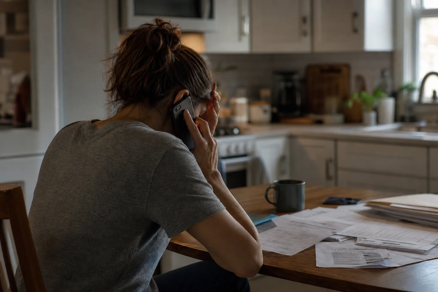 Person looking stressed while on a phone call with an insurance adjuster after a rear-end accident