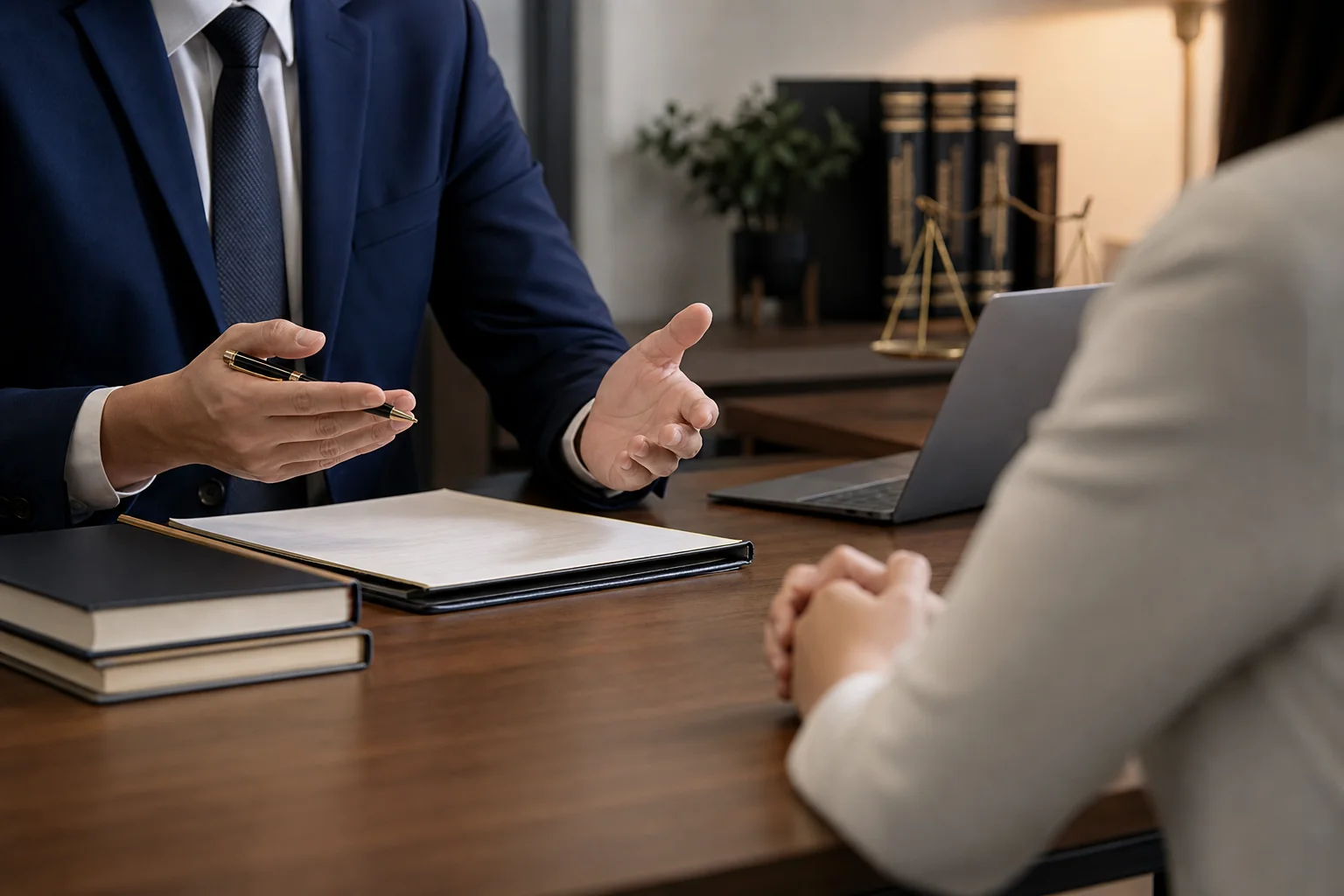 Attorney consulting with a rear-end accident client in a professional law office in Riverside CA