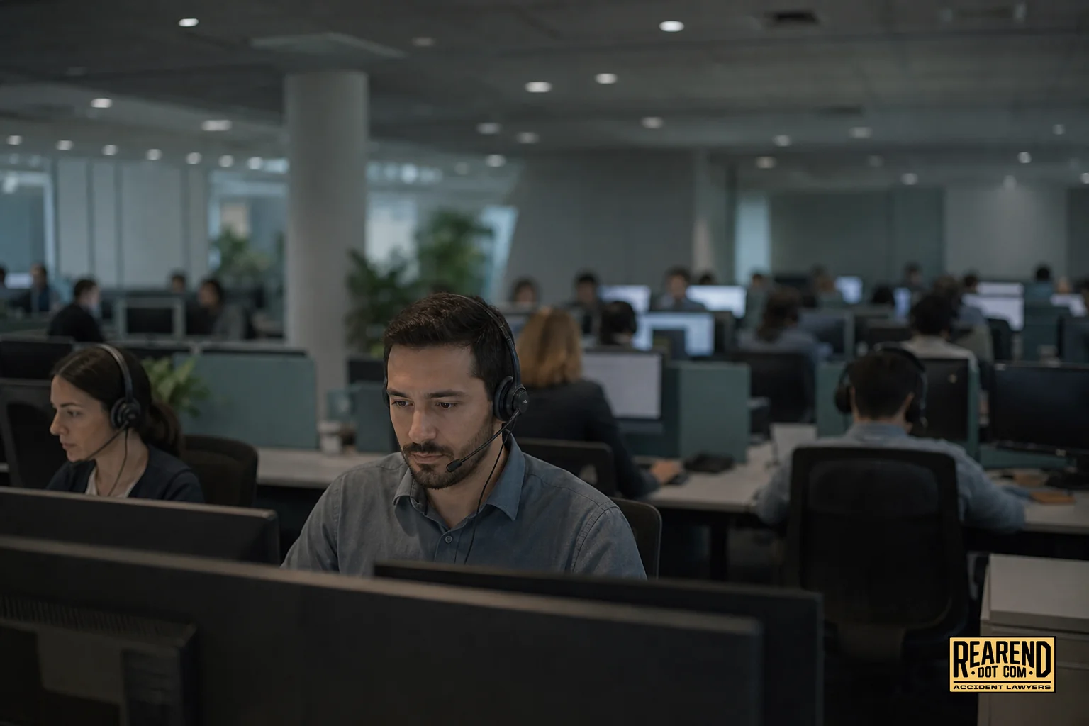 Photorealistic photo: a large open-plan call center with rows of desks and headset-wearing staff blurred in the background, conveying an impersonal, high-volume atmosphere. Cool gray and muted teal tones (#7c8c8c, #443f33) with dim overhead
