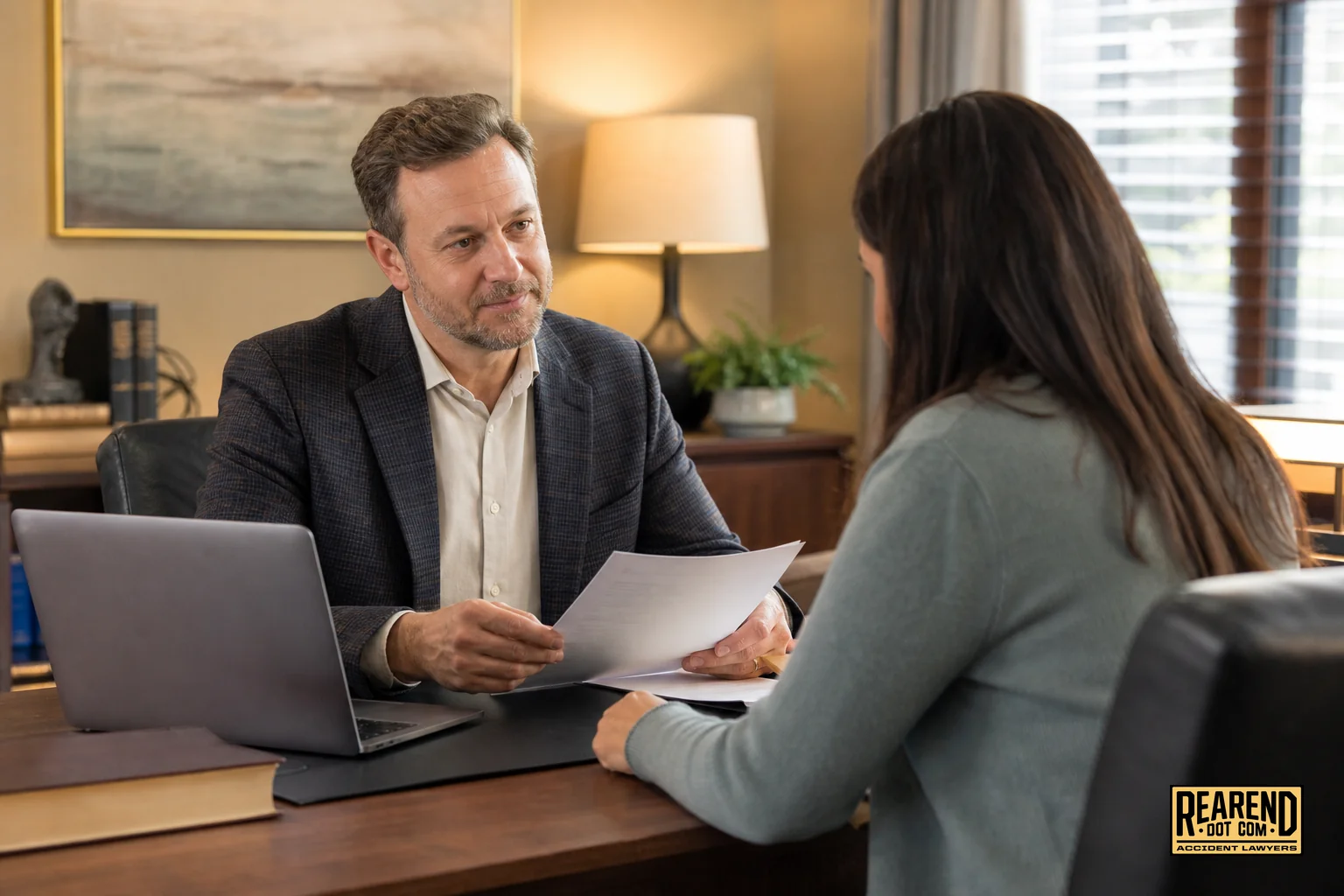 Photorealistic photo: a warm, softly lit law office consultation room. A middle-aged attorney in business casual attire sits across a wooden desk from a client, both looking at printed documents and a laptop. Warm beige and muted teal tones